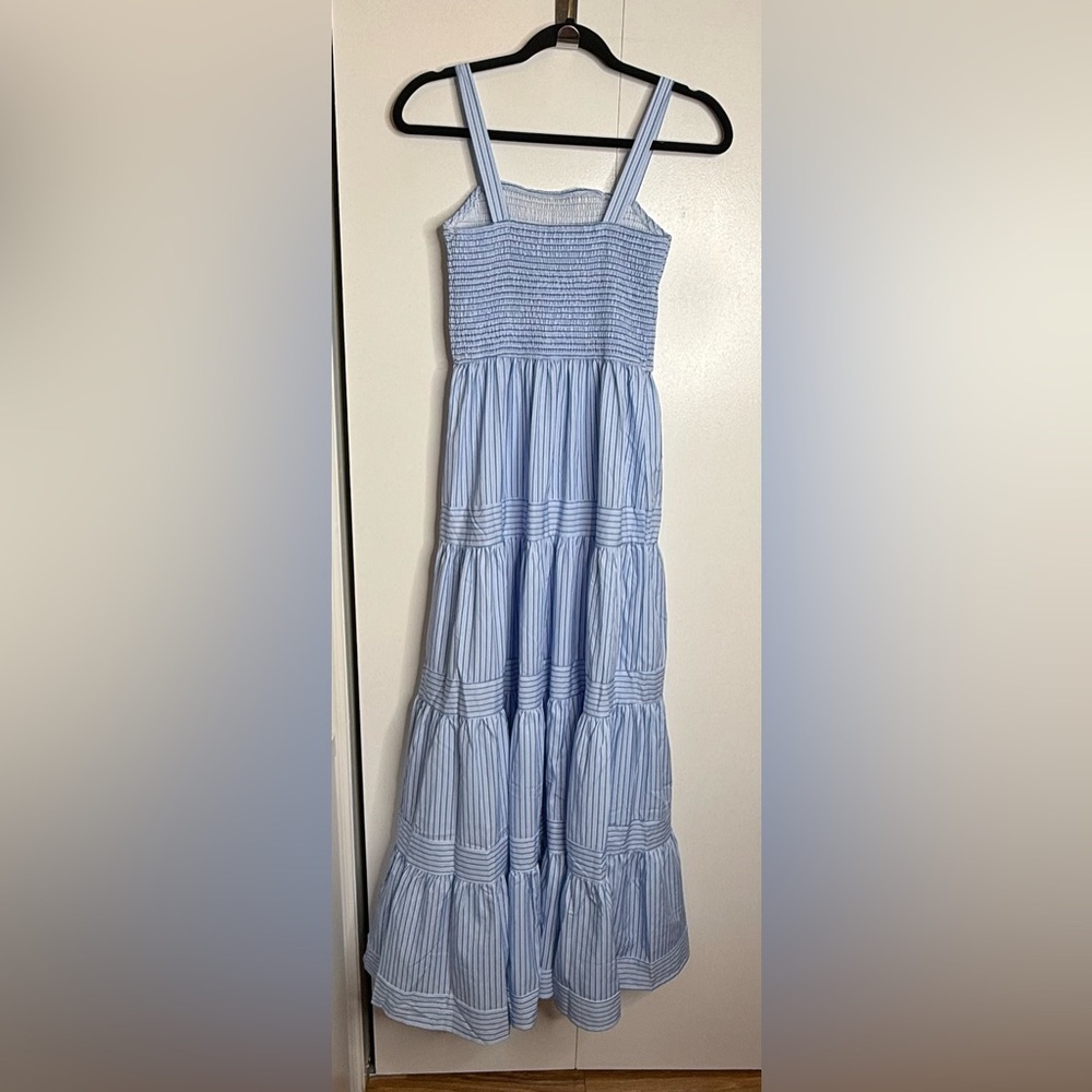 Commense Pinstripe Shirred Backless Long Cami Dress Smocked Blue White NWT Small - Picture 10 of 12